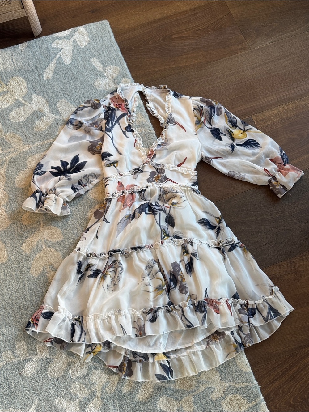 Floral V-Neck Tiered Mini Dress in Ivory